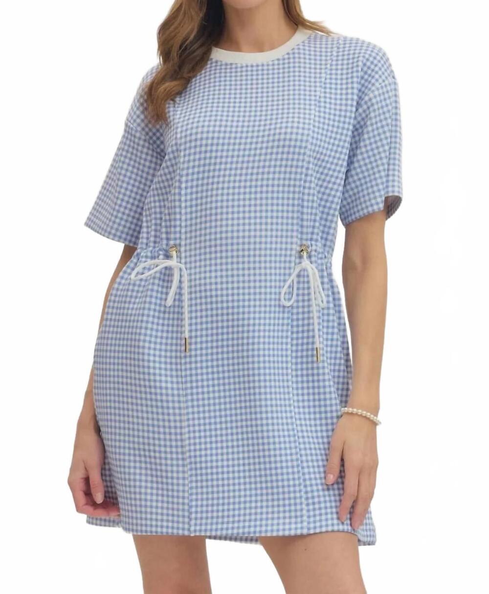 NEW ENTRO checked drawstring mini dress in blue/ white